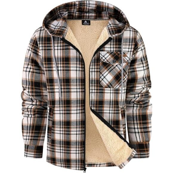 Men's Flannel Jacket Zip Up Fleece Sweatshirt Khaki Grey - Picture 1 of 5